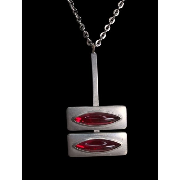 Vintage Jørgen Jensen Denmark Pewter Necklace & Bracelet Set 230B Red Glass Cabo - Picture 2 of 7